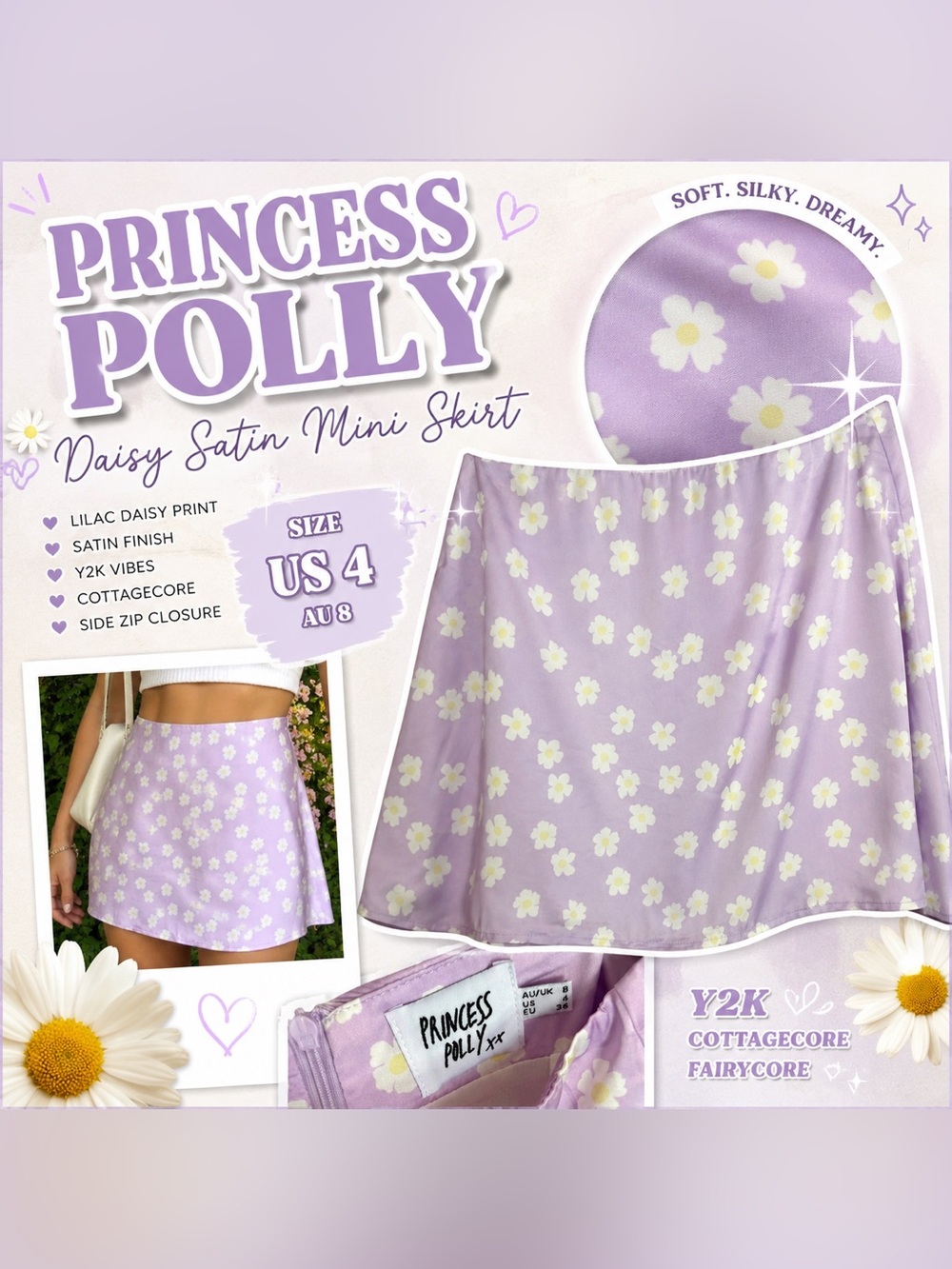 Princess Polly Lilac Daisy Satin Mini Skirt Y2K Cottagecore Size 4